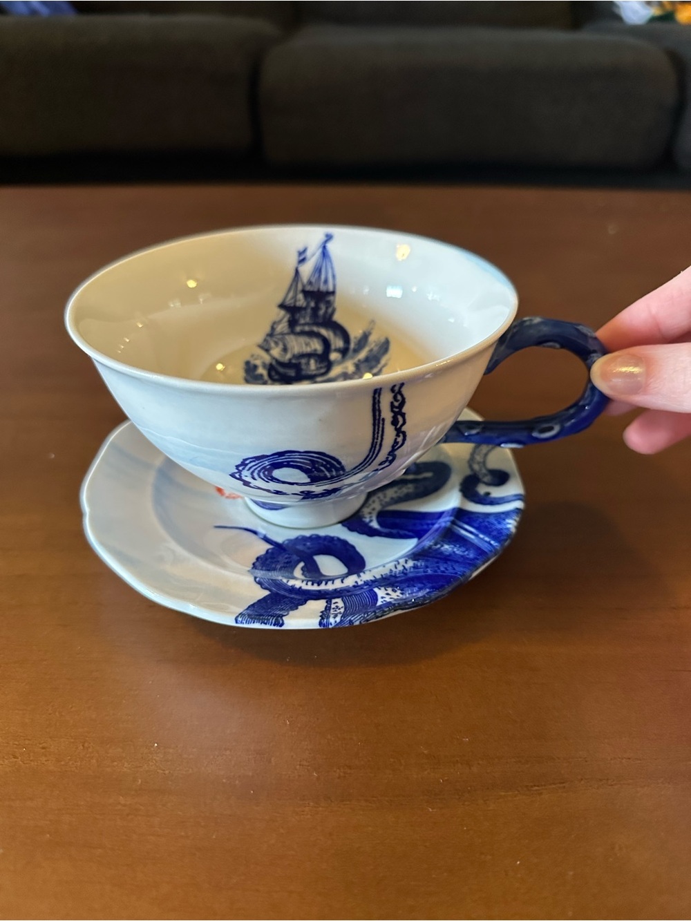 Anthropologie Blue and White Octopus Teacup & Saucer - Elegant Home Art
